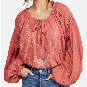 FREE PEOPLE Embroidered Pleated Scoop Neck boho